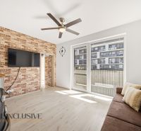 Living room with a brick wall, sofa, TV, and ceiling fan in a 2-room apartment.