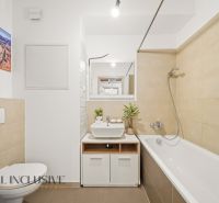 Bathroom with a shower, sink, and toilet in a 2-room apartment.