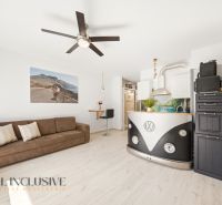 Living room in a 2-room apartment with a decorative kitchen counter and wood-patterned flooring.