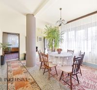 A dining room of a family house with a flower, a column, and a window with curtains.