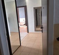 A hallway in a 2-room apartment with tiles and a mirror on the wall.