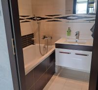 The bathroom with a shower and a bathtub in the 2-room apartment combines white and dark tiles.