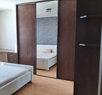 Bedroom with a bed and a wardrobe with a mirror in a 2-room apartment, floor with wood decor.