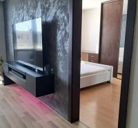 An apartment with a wooden floor decor, a television, and an entrance to the bedroom.