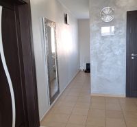 A hallway in a 2-room apartment with tiles, a mirror, and dark doors.