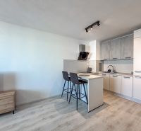 Kitchen with bar stools, bright 2-room apartment, wooden decor flooring.