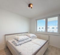 Bright bedroom in a two-room apartment with wood-patterned flooring and a window.