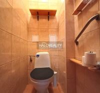 A toilet with light tiles in a 2-room apartment, a handle on the wall, a shelf for toilet paper.