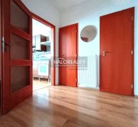 Entrance hall in a 2-room apartment, wooden decor flooring, red door.