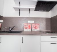 A kitchen in a studio apartment with a brown countertop and decorative tiles.