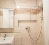 Bathroom in a studio apartment with a white sink and shower, light tiles.