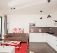 Living room with a kitchen, sofa, and colorful table in a studio apartment.