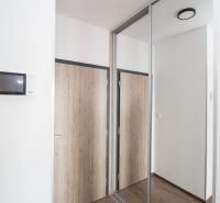 Interior of a 1-room apartment with a wooden decor floor and a built-in wardrobe.