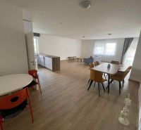 Spacious living room and dining area in a family house with wooden decor flooring.