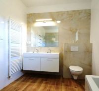 A bathroom in a family house with a wooden decor floor, double sink, and a shower.