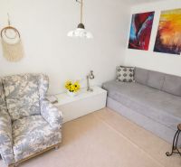 Living room in a family house with a floral armchair, gray sofa, and colorful paintings on the wall.