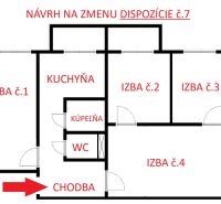 Floor plan of a 3-room apartment with four rooms, a kitchen, a bathroom, and a toilet.