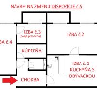 Floor plan of a modified layout of a 3-room apartment with a study.