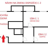 Layout proposal for a 3-room apartment: kitchen with living room, children's room, bedroom.