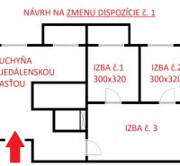 Layout proposal of a 3-room apartment with an emphasized kitchen and dining area.