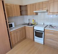 A kitchen with a countertop, stove, microwave, and wooden decor flooring in a studio apartment.