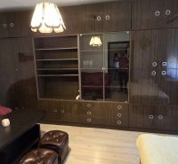 Living room of a studio apartment with a sofa, wardrobe, and wooden decor flooring.