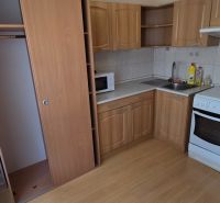 A kitchen in a one-room apartment with a kitchen unit and a floor with a wooden decor.