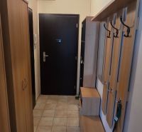 A narrow entrance area with tiles and wooden furniture in a studio apartment.