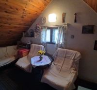 A room with a slanted ceiling, a sofa with upholstery, and a chair by a table with a vase.