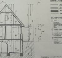 Architectural design of a house with alternating roofs, materials, and construction details.