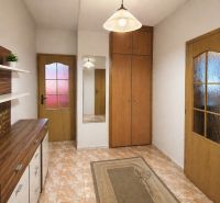 Entrance hall with cabinets and wood-decor flooring in a 4-room apartment.