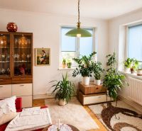 Living room with a sofa set, display cabinet, plants, and a floor with a wooden decor in a 4-room apartment.