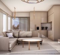 Living room with a sofa, table, and kitchenette in a 4-room apartment.