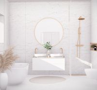 Luxury bathroom with a bathtub and double sink, white marble in a 4-room apartment.