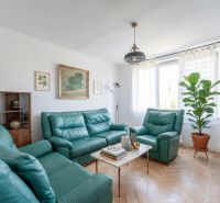 Living room in a two-room apartment with sofas, plants, and a wooden decor floor.
