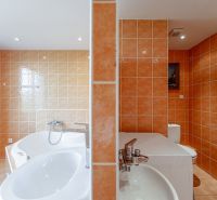 Bathroom in a 2-room apartment with a barrel-shaped bathtub, sink, and orange tiles.