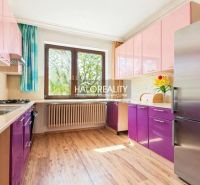 A kitchen with purple and pink cabinets, a wooden-patterned floor, a large window.