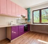 A kitchen in a family house with colorful cabinets and a wooden decor floor.