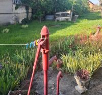 A garden at a family house in Tvrdošovce with a red pump and greenery around.