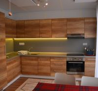 A kitchen in a family house with wooden decor and recessed lighting above the countertop.