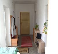 A hallway in a family house with furniture, a carpet, and houseplants.