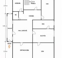 Floor plan of a family house in Orechová Potôň with multiple rooms and a basement.