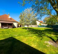 The garden of a family house in Orechová Potôň with a lawn, trees, and a gazebo.