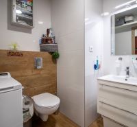 A bathroom in a 2-room apartment with a shower, washing machine, and a floor with a wooden decor.