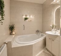Bathroom in a family house with a bathtub, sink, and decorations.