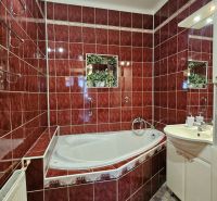 A bathroom in a family house with red tiles, a corner bathtub, and a white cabinet.