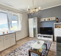 Living room with wood-patterned flooring and a TV wall in a family house.