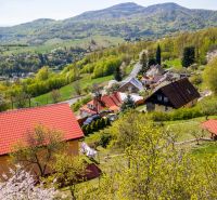 A family house surrounded by greenery in Štiavnické Bane with a red roof in a mountainous area.
