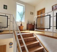 A staircase in a family house with wooden decor and a houseplant.