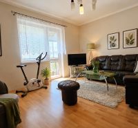 Living room with a leather sofa, exercise bike, and wood-patterned flooring.